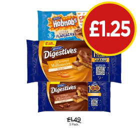 McVities Oaty Flapjacks, Digestives Caramel Millionaire, Milk Chocolate - Now Only £1.25 at Budgens