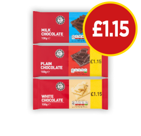 Milk Chocolate, Plain, White - Now Only £1.15 at Budgens
