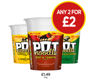Pot Noodle Original Curry, Beef & Tomato, Chicken & Mushroom - Any 2 for £2 at Budgens