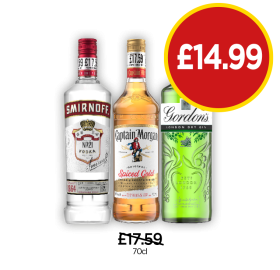 Smirnoff Vodka, Captain Morgan, Gordon's Gin - Now Only £14.99 at Budgens
