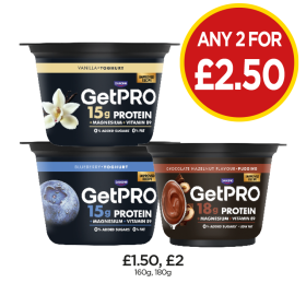 GetPro Yoghurt Vanilla, Blueberry, Chocolate - Any 2 for £2.50 at Budgens