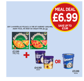 Goodfella's Margherita, Pepperoni, Cadbury Dairy Milk Ice Cream, Caramel, Oreo - Buy 2 Goodfellas Pizza's & A Tub Of Cadbury Caramel, Dairy Milk Or Oreo Ice Cream for £6.99 at Budgens