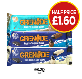Grenade Salted Caramel, Oreo, White - Now Only Half Price £1.60 at Budgens