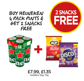 Heineken, KP Thai Chilli, Discos Pickled Onion - Buy Heineken 4 Pack Pint & Get 2 Snacks FREE at Budgens