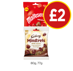 Maltesers Mini Eggs, Galaxy Minstrels Mini Eggs - Now Only £2 at Budgens