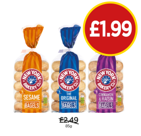 New York Bakery Co Bagels Original, Sesame, Cinnamon & Raisin - Now Only £1.99 at Budgens