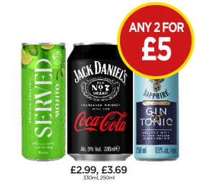 Served Mojito, Jack Daniel's Coca Cola, Bombay Sapphire Gin & Tonic - Any 2 for £5 at Budgens