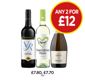 Hardy's VR Cabernet Sauvignon, I Heart Sauvignon Blanc, Bubbly - Any 2 for £12 at Budgens