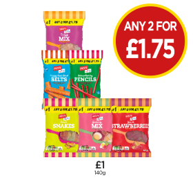 Jack's Tangy Mix, Fizzy Rainbow Belts, Strawberry Pencils, Sour Snakes, Gummy Mix, Giant Strawberry - Any 2 for £1.75 at Budgens