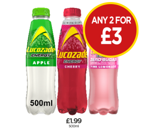 Lucozade Apple, Cherry, Pink Lemonade - Any 2 for £3 at Budgens