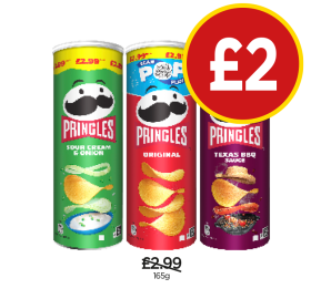 Pringles Sour Cream & Onion, Original, Texas BBQ Sauce - Now Only £2 at Budgens