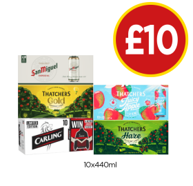 San Miguel, Thatchers Gold, Juicy Apple, Haze, Carling - Now Only £10 at Budgens