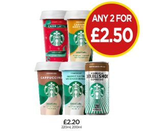 Starbucks Caffe Latte, Caramel Macchiato, Cappuccino, Skinny Latte No Sugar, Doubleshot Espresso - Any 2 for £2.50 at Budgens