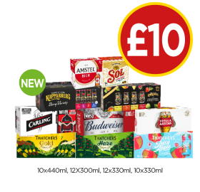 Amstel, Sol, Kopparberg Berry Variety, Carling, Budweiser, Stella Artous, Thatchers Gold, Haze, Juicy Apple - Now Only £10 at Budgens