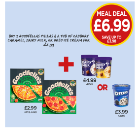 Goodfella's Margherita, Pepperoni, Cadbury Dairy Milk, Caramel, Oreo Ice Cream - Buy 2 Goodfella's Pizzas & A Tub Of Cadbury Caramel, Dairy Milk, Or Oreo Ice Cream for £6.99 at Budgens