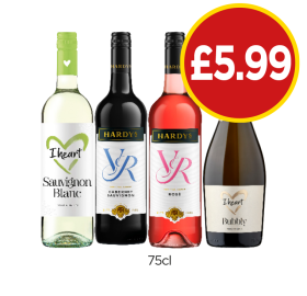 I Heart Sauvignon Blanc, Hardy's VR Cabernet Sauvignon, Rosé, I Heart Bubbly - Now Only £5.99 at Budgens