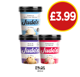 Jude's Ice Cream Vanilla Clotted Cream, Rum & Raisin, Cherries & Cream - Now Only £3.99 at Budgens