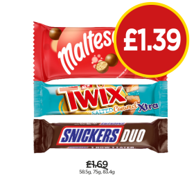 Maltesers, Twix Salted Caramel Xtra, Snickers Duo - Now Only £1.39 at Budgens