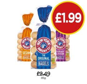 New York Bakery Co Bagels Original, Sesame, Cinnamon & Raisin - Now Only £1.99 at Budgens