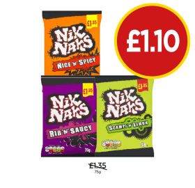 Nik Naks Nice 'N' Spicy, Rib 'N' Saucy, Scampi 'N' Lemon - Now Only £1.10 at Budgens