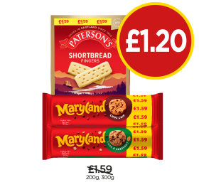 Paterson Shortbread Fingers, Maryland Cookies Choc Chip, Choc & Hazelnut - Now Only £1.20 at Budgens