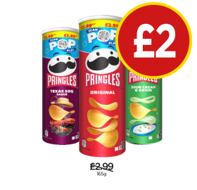 Pringles Texas BBQ, Original, Sour Cream & Onion - Now Only £2 at Budgens