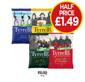 Tyrrell's Lightly Salted, Cheddar & Onion, Sea Salt & Vinegar, Sweet Chilli & Pepper - Now Only Half Price £1.49 at Budgens