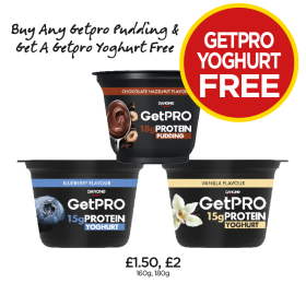 Danone GetPro Protein Pudding Chocolate Hazelnut, Blueberry, Vanilla - Buy Any GetPRO Pudding & Get A GetPRO Yoghurt FREE at Budgens