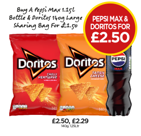 Doritos Chilli Heatwave, Tangy Cheese, Pepsi Max - Buy A Pepsi & Doritos Large Sharing Bag for £2.50 at Budgens