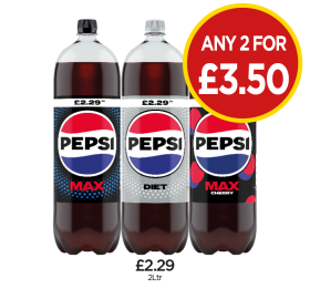 Pepsi Diet, Max, Cherry Max - Any 2 for £3.50 at Budgens