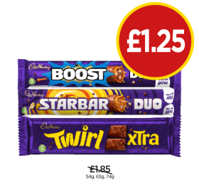 Cadbury Duo Boost, Starbar, Twirl - Now Only £1.25 at Budgens