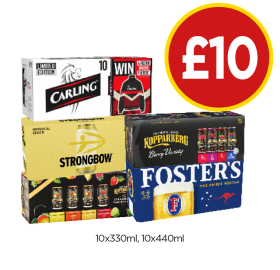 Carling, Strongbow, Kopparberg Berry Variety, Strawberry, Fosters - Now Only £10 at Budgens