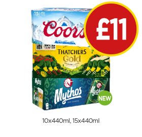 Coors, Thatchers Gold, Mythos - Now Only £11 at Budgens
