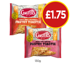 Ginsters Pastry Toastie Tomato Basil & Mozzarella, Smoked Ham & Cheddar - Now Only £1.75 at Budgens