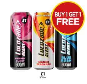 Lucozade Alert Cherry Blast, Mango Peachade, Blue Rush - Now Only Buy 1 Get 1 FREE at Budgens