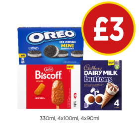 Oreo Ice Cream Mini, Biscoff Sticks, Cadbury Dairy Milk Buttons - Now Only £3 at Budgens