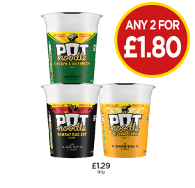 Pot Noodle Chicken & Mushrooms, Bombay Bad Boy, Original Curry - Any 2 for £1.80 at Budgens