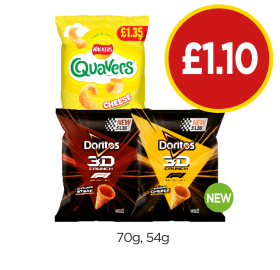 Quavers, Doritos 3D Crunch Sizzling Steak, Nacho Cheese - Now Only £1.10 at Budgens