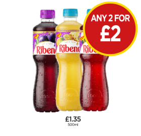 Ribena Blackcurrant, Pineapple & Passionfruit, Raspberry - Any 2 for £2 at Budgens