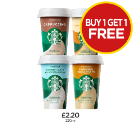 Starbucks Cappuccino, Caramel Macchiato, Oat, Skinny Latte No Sugars - Buy 1 Get 1 FREE at Budgens