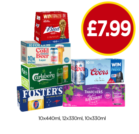 Budweiser 0.0, Brewdog Cold Beer, Carlsberg, Coors, Fosters, Thatchers Apple & Blackcurrant - Now Only £7.99 at Budgens
