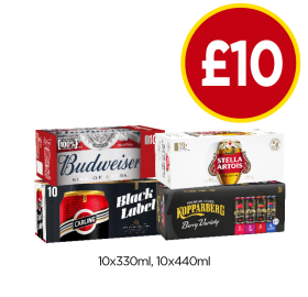 Budweiser, Stella Artois, Carling Black Label, Kopparberg Berry Variety - Now Only £10 at Budgens