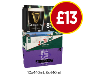 Guinness, San Miguel, Strongbow Dark Fruits - Now Only £13 at Budgens