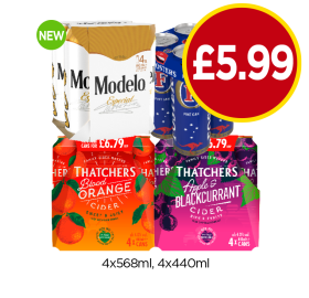 Modelo, Fosters, Thatchers Blood Orange, Apple & Blackcurrant - Now Only £5.99 at Budgens