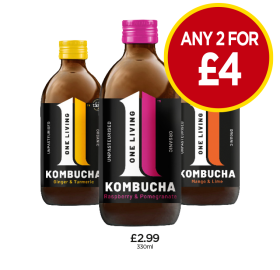One Living Kombucha Ginger & Turmeric, Raspberry & Pomegranate, Mango & Lime - Any 2 for £4 at Budgens