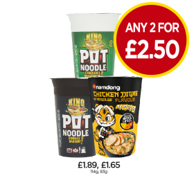 Pot Noodle Chicken & Mushroom, Bombay Bad Boy, Namdong Chicken Flavour - Any 2 for £2.50 at Budgens