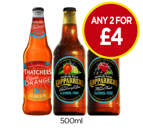 Thatchers Blood Orange 0.0, Kopparberg Alcohol Free Strawberry & Lime, Mixed Fruit - Any 2 for £4 at Budgens