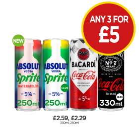 Absolut Sprite, Watermelon, Bacardi Coca Cola, Jack Daniels Coca Cola - Any 3 for £5 at Budgens