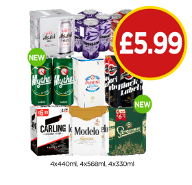 Asahi, Strongbow Dark Fruits, Cruzcampo, Mythos, Peroni, Carling Black Label, Carling, Modelo, Staropramen - Now Only £5.99 at Budgens