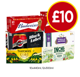 Budweiser, Carling Black Label, Thatchers Gold, Stella Artois, Inch's - Now Only £10 at Budgens